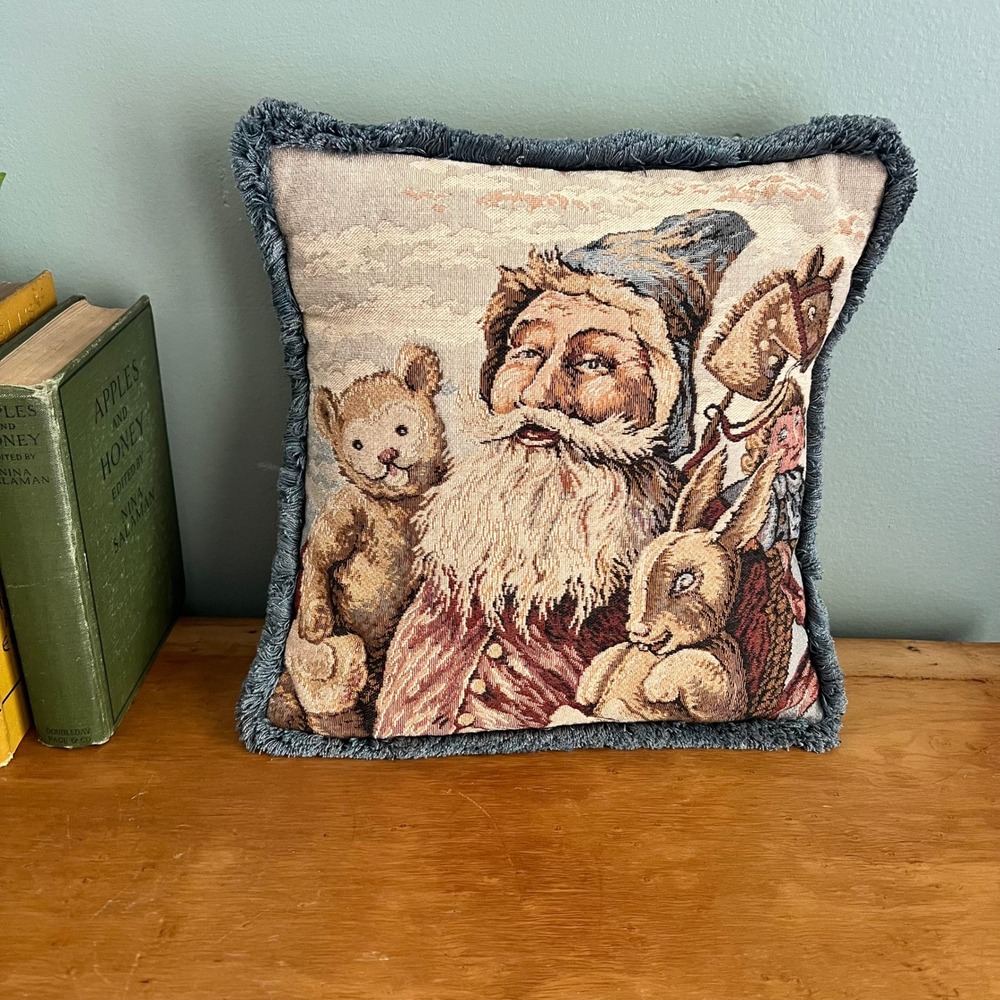 Vintage Old World Santa Tapestry Pillow 12x12 Christmas Fringe Teddy Bear Rabbit